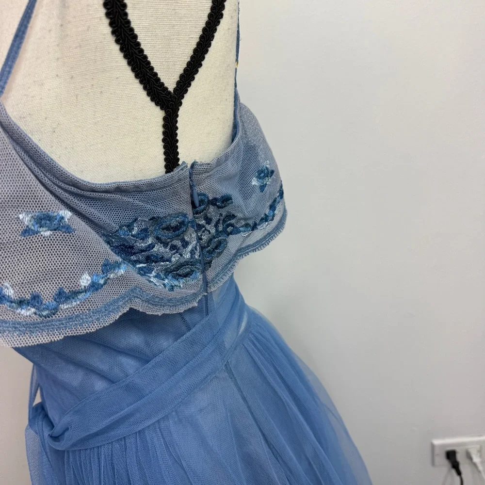LoveShackFancy Avianna Dusty Blue Embroidered Tulle Maxi Dress